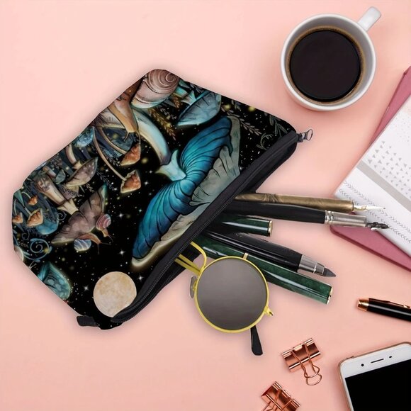 Trippy Mushroom & Moon Zipper Pouch For Makeup Stationery & Travel Accessories - Picture 2 of 3